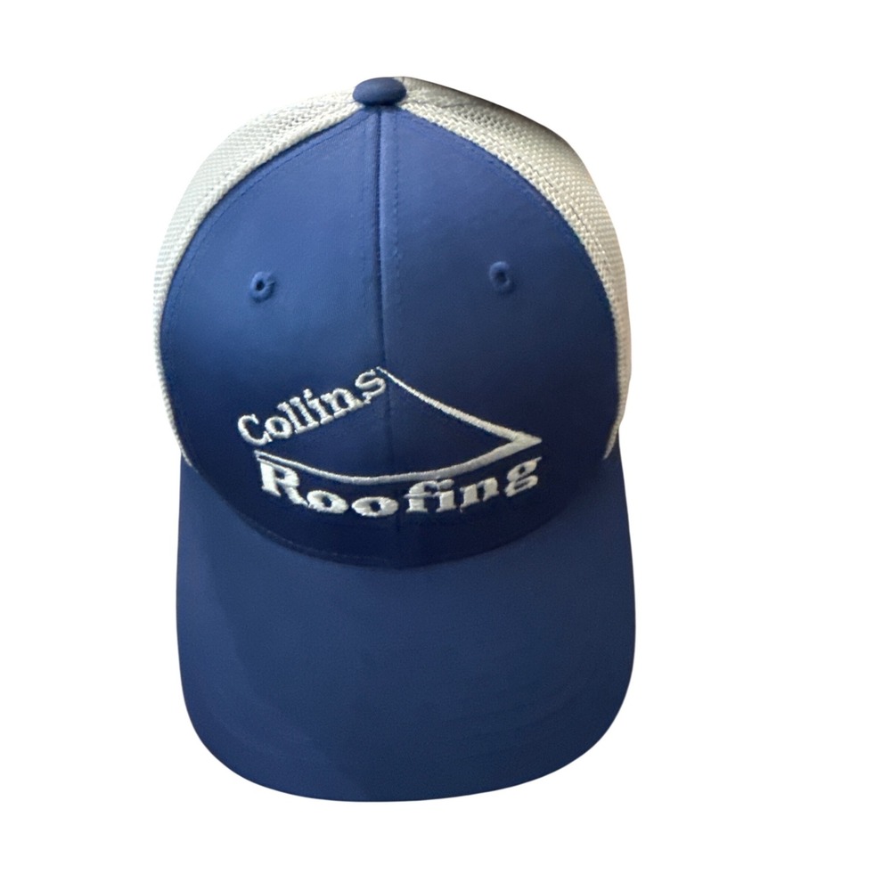 Richardson 110 Navy Blue White Mesh Trucker Hat Collins Roofing Logo L/XL Cap